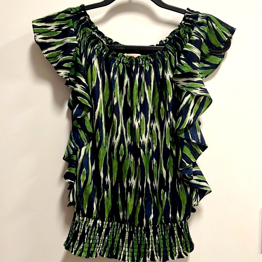 Michael Kors navy blue and green ruffle blouse size small